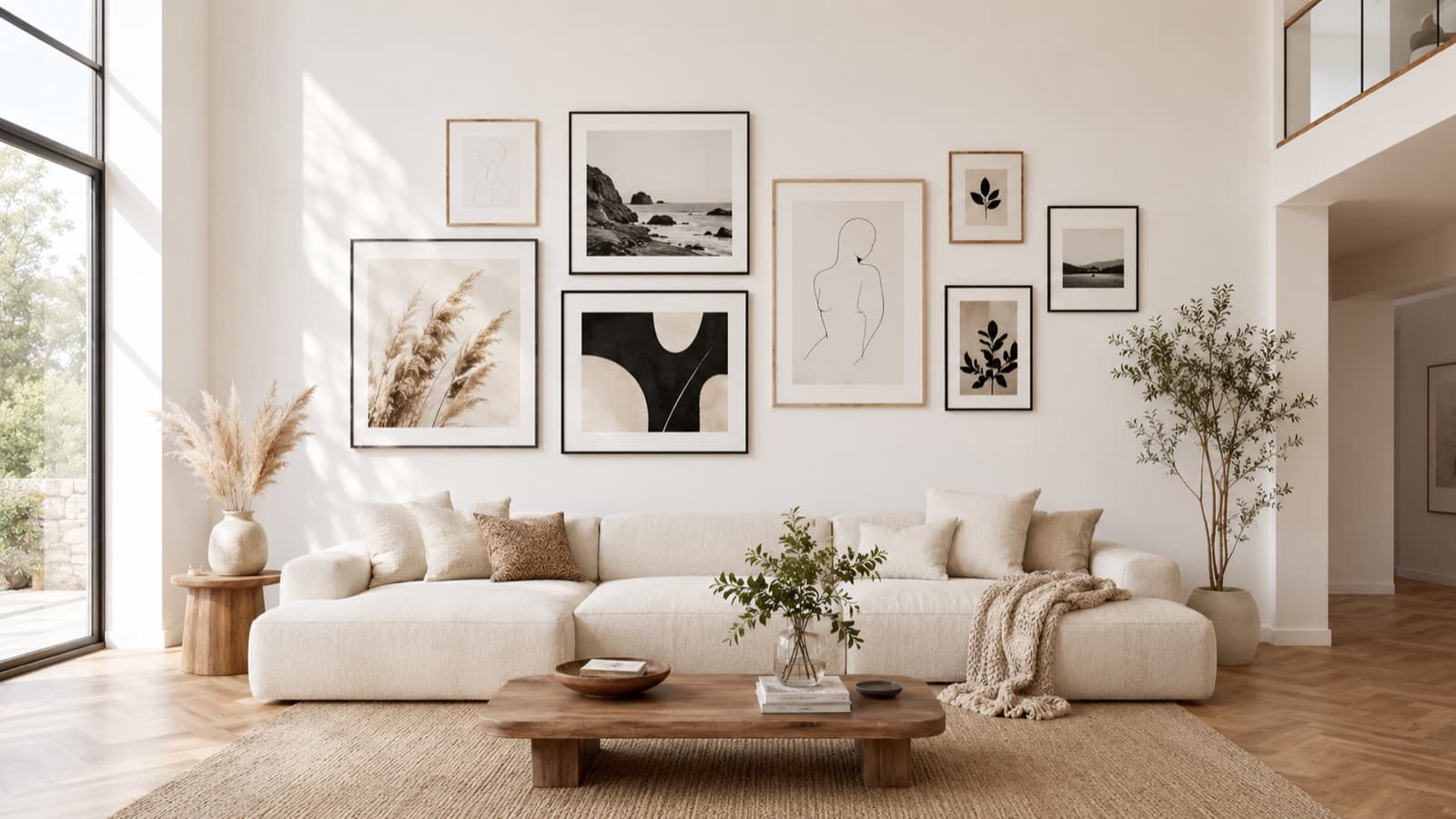 A modern gallery wall above a cream bouclé sofa: nine framed pieces in mixed black and natural-wood frames, blending black-and-white photography with minimalist line art