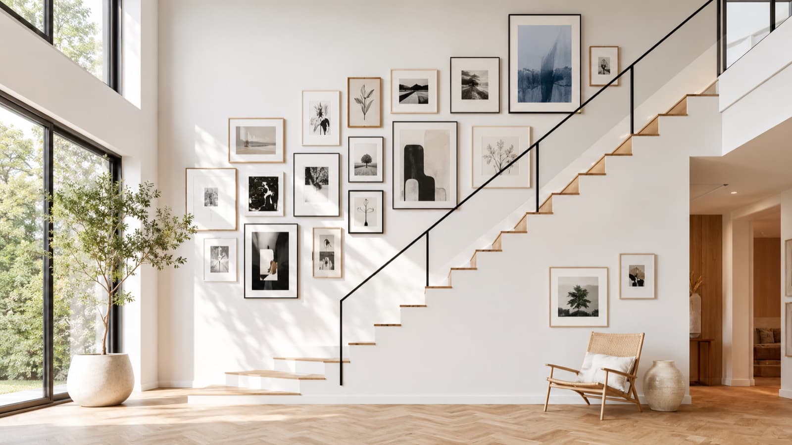 A staircase gallery wall with a dense salon-style cluster on the landing wall transitioning into a single ascending line of smaller frames along the climb