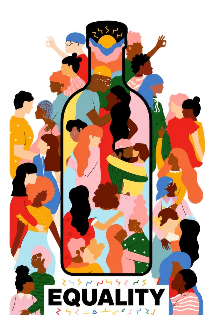 Flat vector illustration of a large crowd of diverse people of varied skin tones and clothing standing close together, arranged so their figures fill the silhouette of a bottle at the centre; the word EQUALITY is printed in bold black capitals along the bottom.