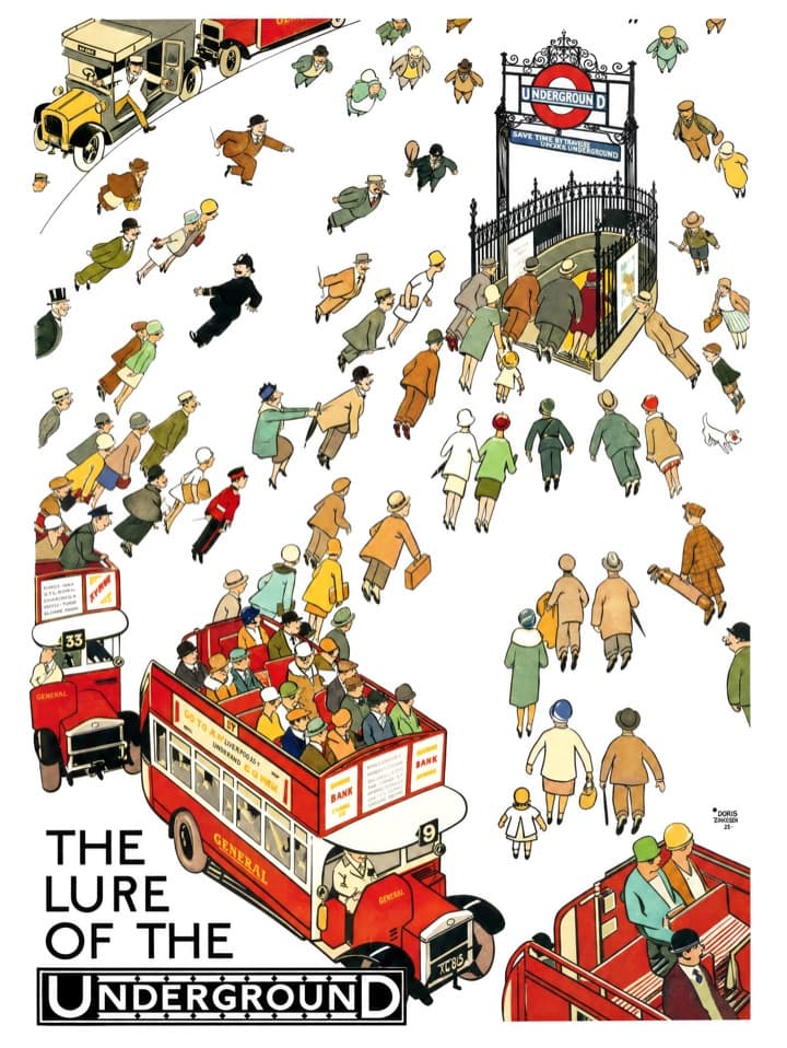 Vintage-style London Underground travel poster showing dozens of small 1920s figures in hats and coats walking across a pale ground toward an ornate ironwork station entrance marked UNDERGROUND, with crowded open-top red General buses at lower left; bold lettering reads THE LURE OF THE UNDERGROUND.
