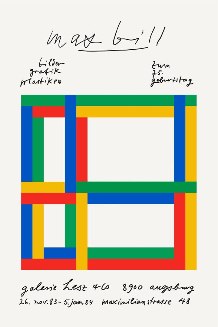 Exhibition poster with a square grid of interlaced ribbons in primary red, blue, green, and yellow weaving over and under each other on a warm off-white ground; hand-lettered title sits above and gallery details handwritten below.