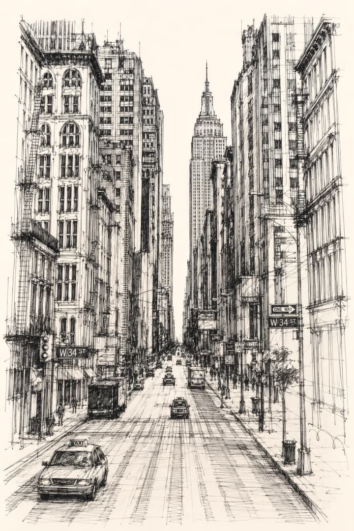 Detailed black-and-white pen-and-ink drawing looking down a Manhattan street (West 34th Street) lined with tall buildings, the Empire State Building at the centre vanishing point; a taxi sits in the foreground and street signs read W 34 ST.