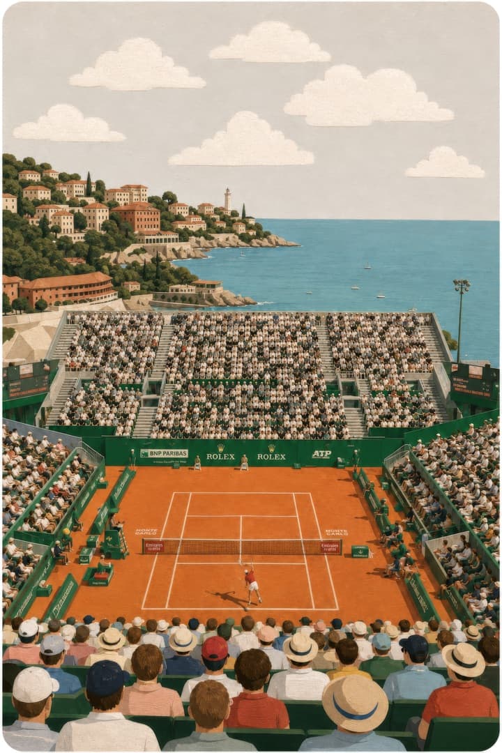 Illustrated elevated view of a clay tennis court inside a packed stadium beside the sea; green grandstands full of spectators surround the terracotta court, with a coastline of pastel buildings, a lighthouse and a blue bay of boats in the background and a crowd in sun hats in the foreground.
