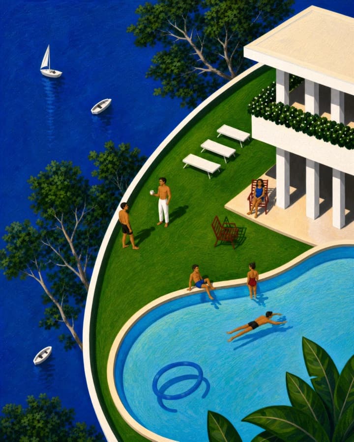 Bird's-eye view of a modernist white villa with a kidney-shaped pool on a strip of green lawn beside a deep cobalt sea; four bathers swim and stand around the pool, sun loungers sit on the grass, and two small boats drift on the water beyond.