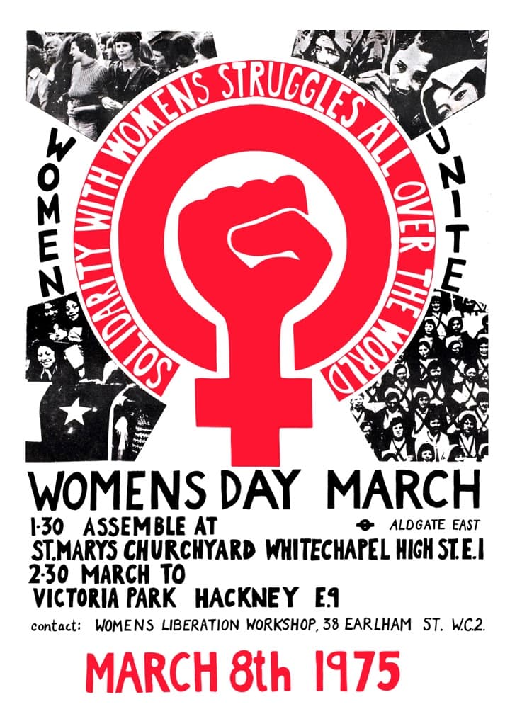 1970s protest poster in black, white, and saturated red with a central Venus symbol containing a clenched fist circled by a solidarity slogan; archival black-and-white photographs of marching women fill the four corners, and march details for 8 March 1975 from Whitechapel to Victoria Park sit in typewriter text below.